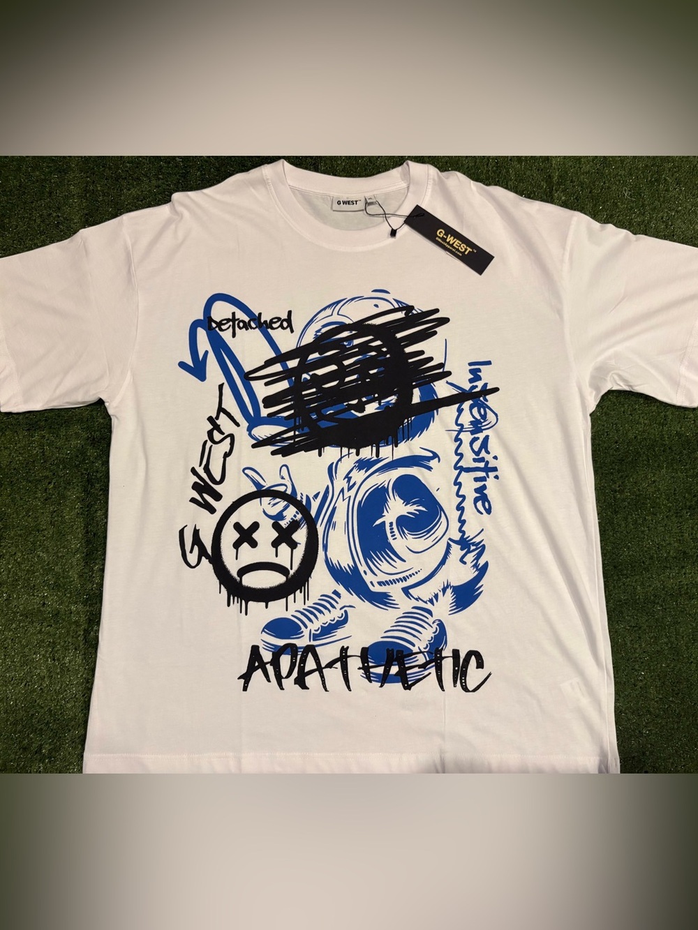 Men’s White Graphic Short Sleeve Tee with Blue & Black Print - QWEST